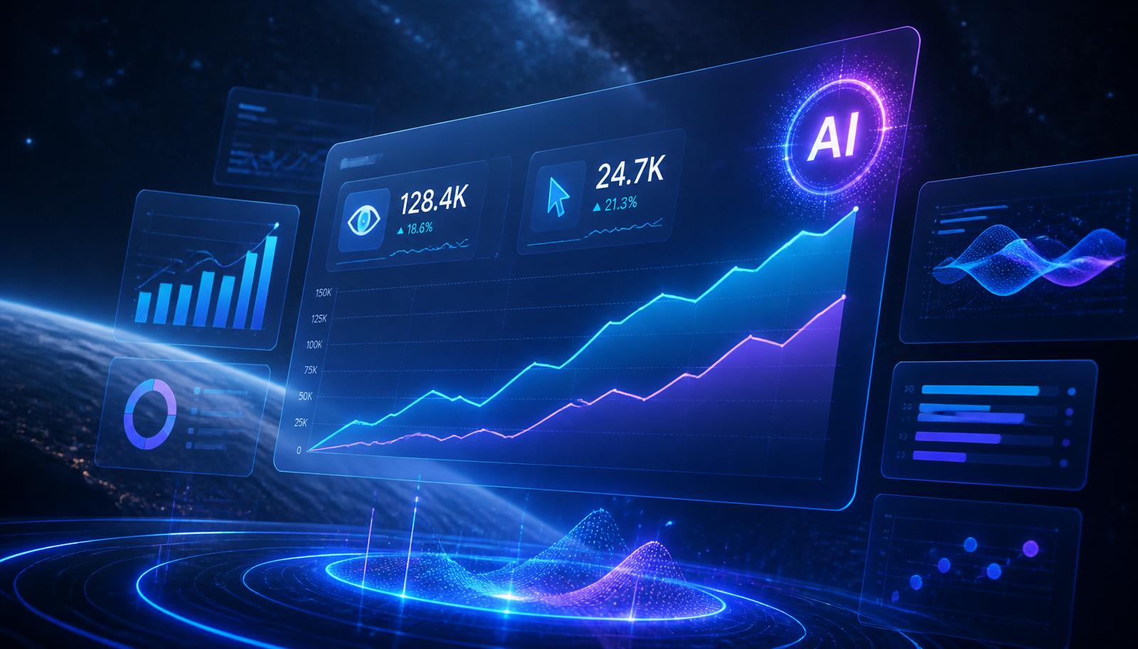 Illustration éditoriale d’un tableau de bord analytique lumineux consacré à la visibilité dans Google AI Overviews et AI Mode.