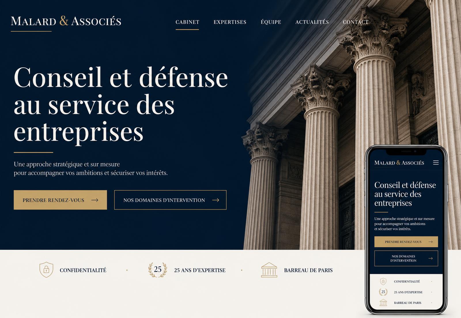 Maquette de haut de page d’un site de cabinet d’avocat, direction artistique bleu nuit, ivoire et touches dorées, avec navigation, H1 éditorial, appels à l’action et aperçu mobile.