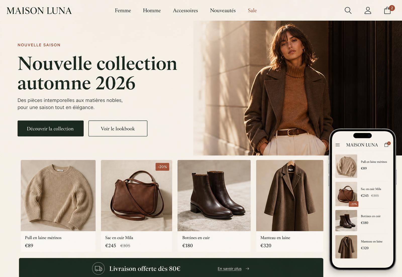 Maquette de haut de page d’une boutique en ligne, palette crème et vert profond, photographie de mode, cartes produits avec prix et aperçu mobile marchand.