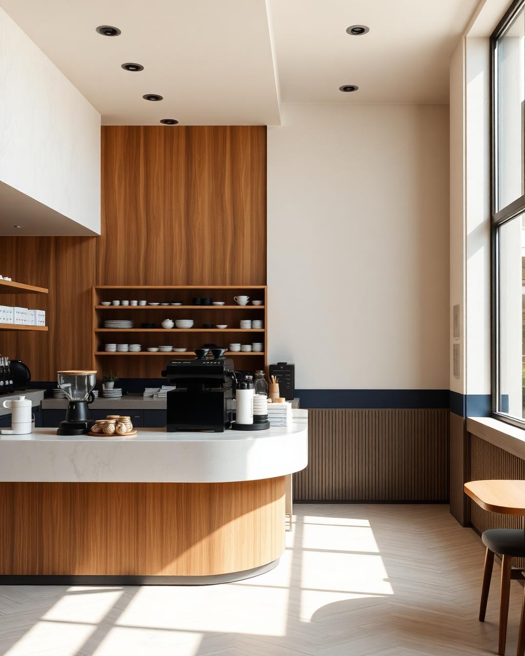Comptoir de café contemporain en lumière naturelle, image conceptuelle