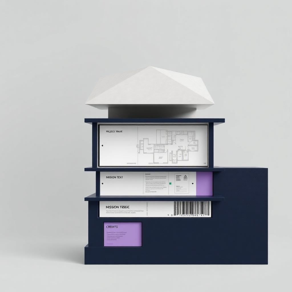 Fiche projet en coupe verticale : photographie, cartouche, plan simplifié, texte de mission, crédits