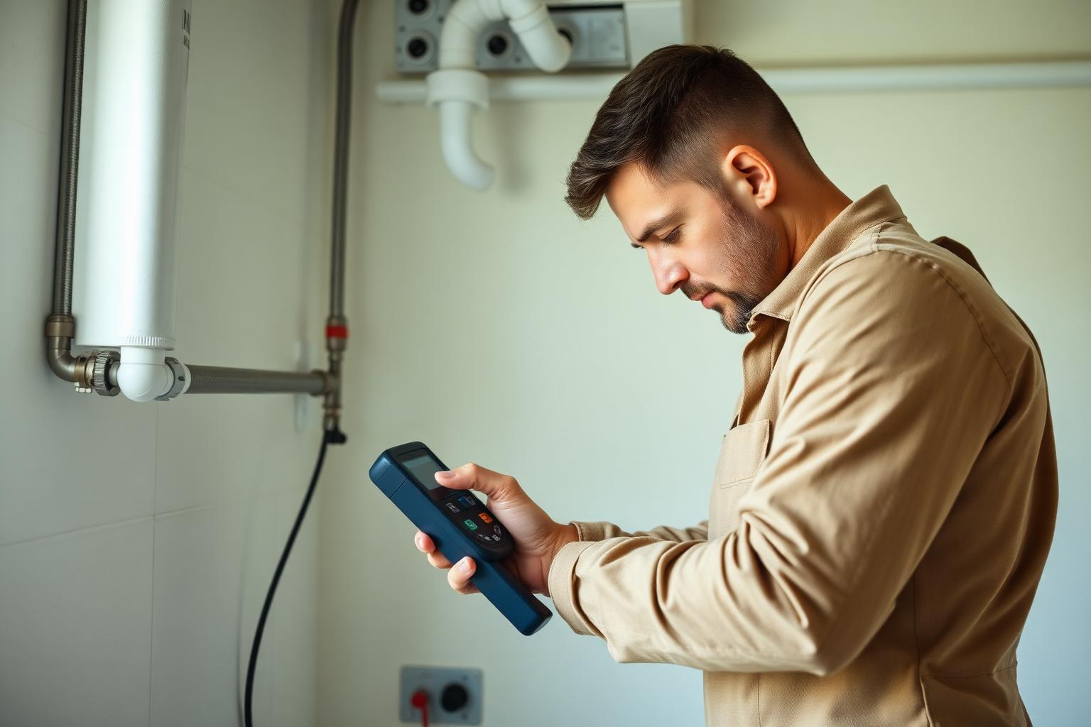 Plombier examinant une installation propre avec un outil de diagnostic.
