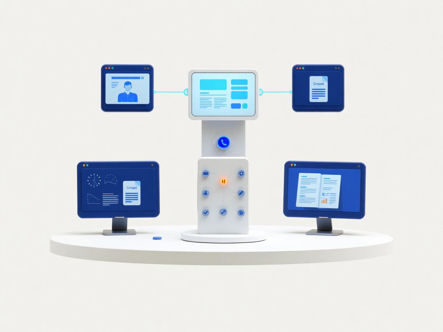 Illustration d’une tour de contrôle digitale réunissant projet central, visioconférence, maquette et contenu multilingue