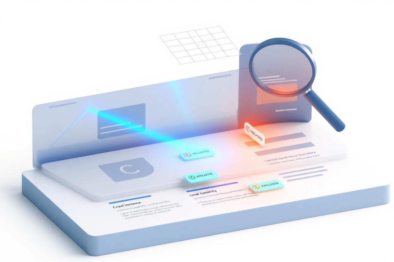 Table d’investigation SEO présentant cinq couches d’analyse traversées par un faisceau qui isole quelques causes prioritaires.