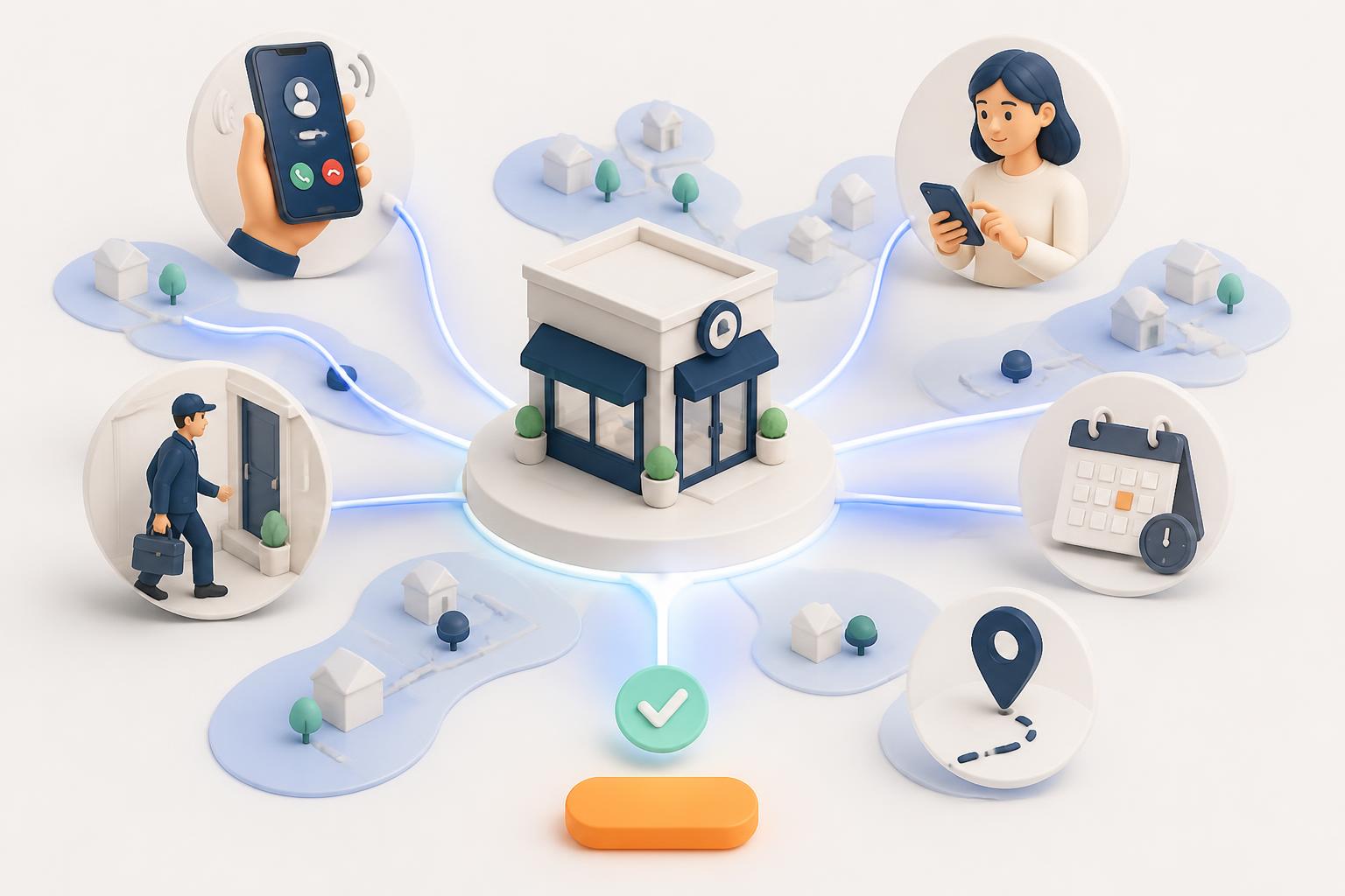 Établissement générique au centre d’un territoire local, recherches convergeant vers appels, itinéraires et rendez-vous.