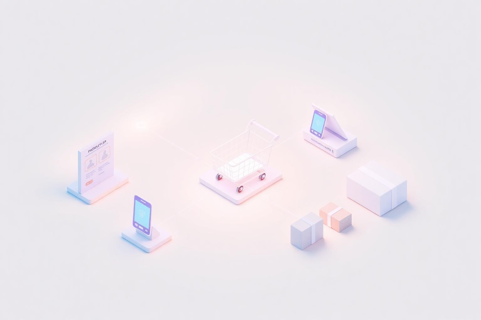 Illustration isométrique d’un catalogue e-commerce relié à une fiche produit, un panier, un paiement, un stock et une expédition.