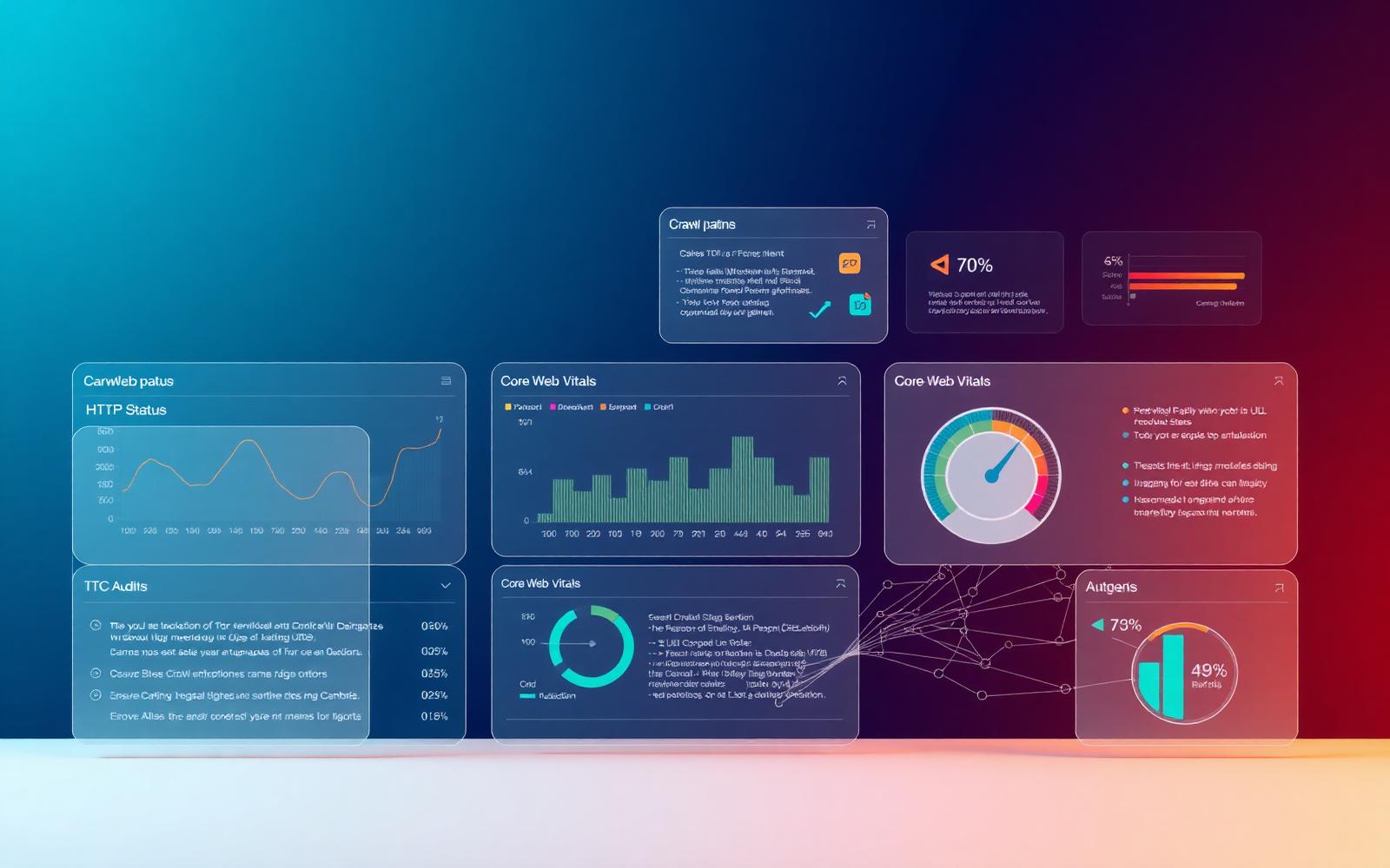 Dashboard de diagnostic technique SEO : crawl, indexation, performances et Core Web Vitals