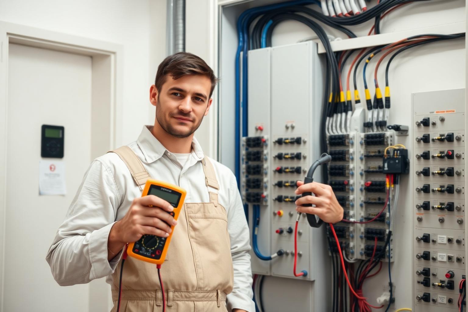 Électricien utilisant un appareil de diagnostic devant un tableau électrique propre.