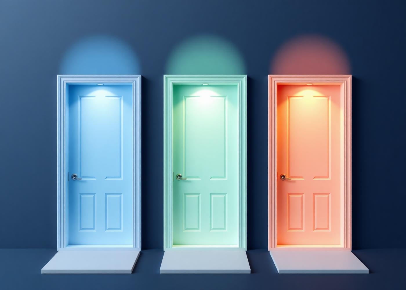 Trois portes verticales espacées avec des lumières distinctes au-dessus de chacune
