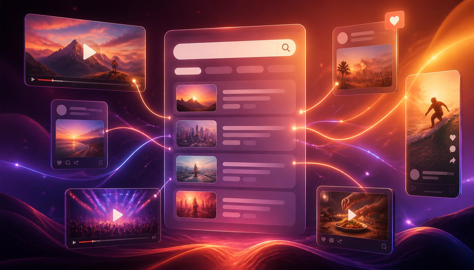 Illustration éditoriale reliant des cartes vidéo et sociales à une interface de résultats Google.