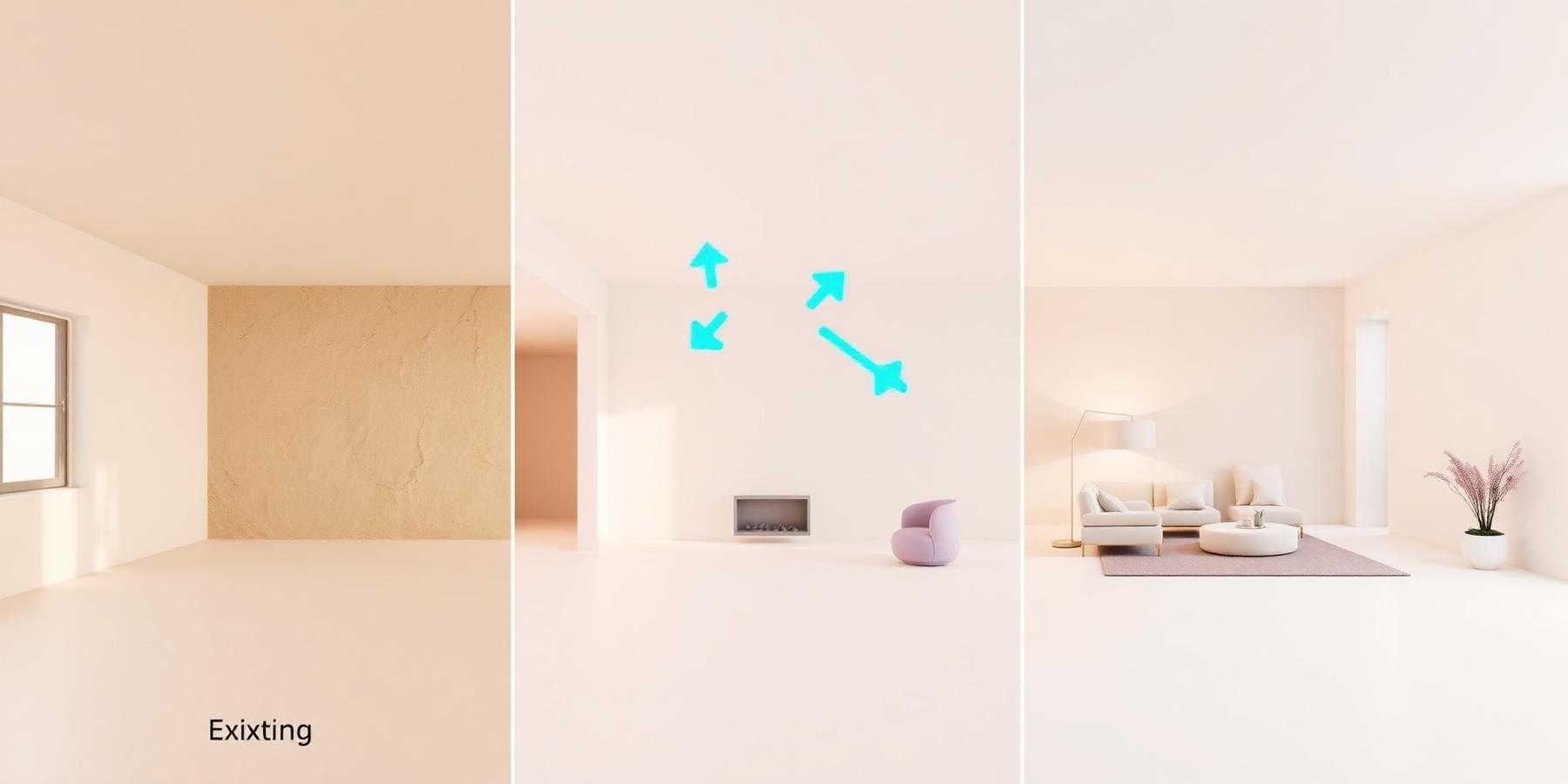 Un même espace intérieur décliné en trois états : existant, décisions de conception, projet obtenu.